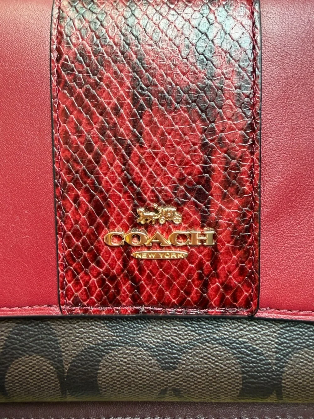 NWT Coach Red Leather Crossbody with Burgundy Snake-Print Accent & Gold Hardware - Picture 2 of 10